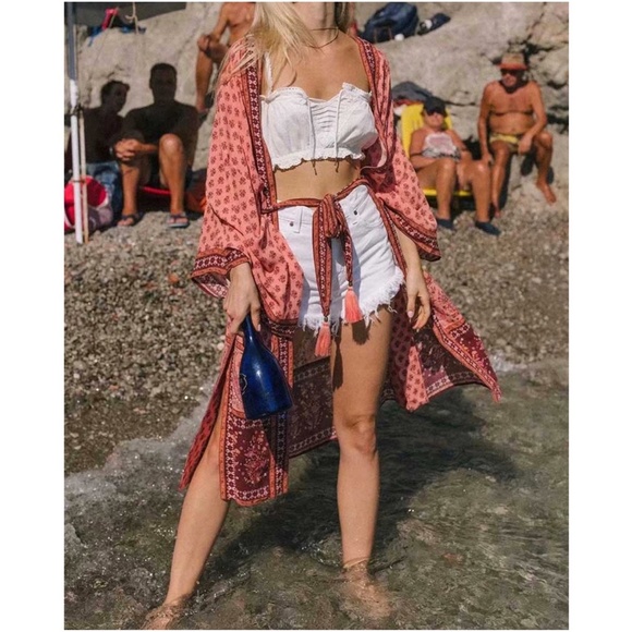 Tops - Red boho  Floral print Kimono Beach Cover Belted